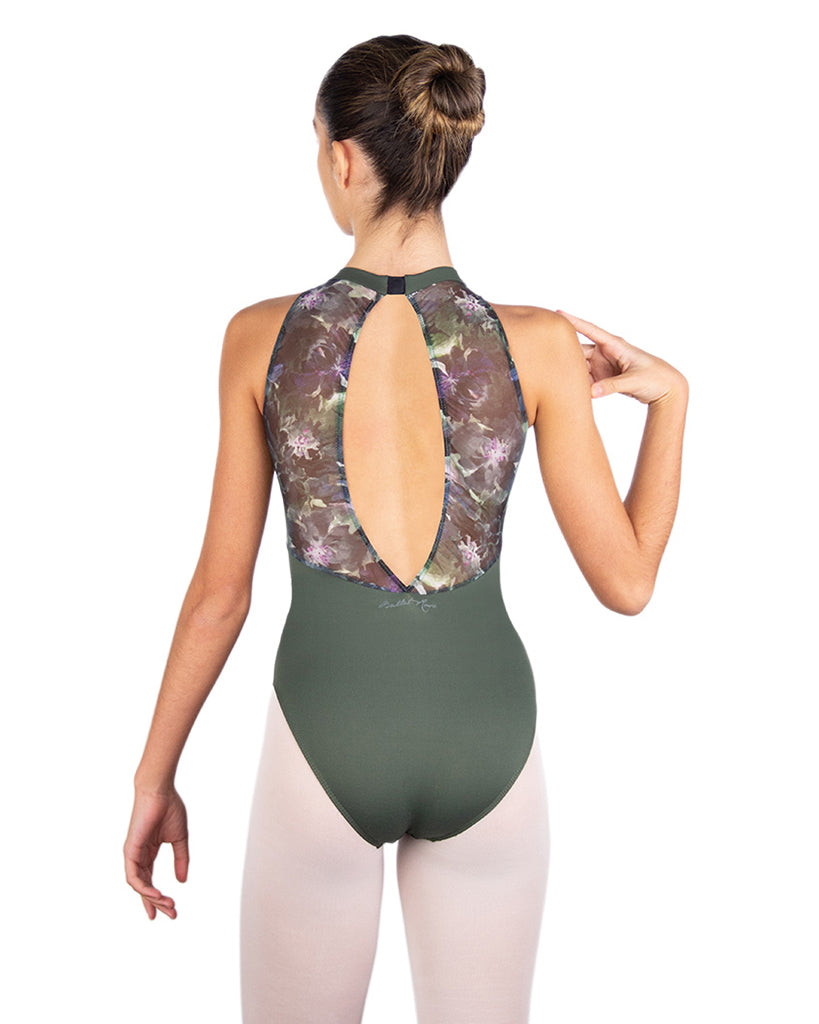 Ballet Rosa Cartier High Neck Front Seamed Open Floral Print Mesh Back Sleeveless Leotard - Women - Aquarelle Print