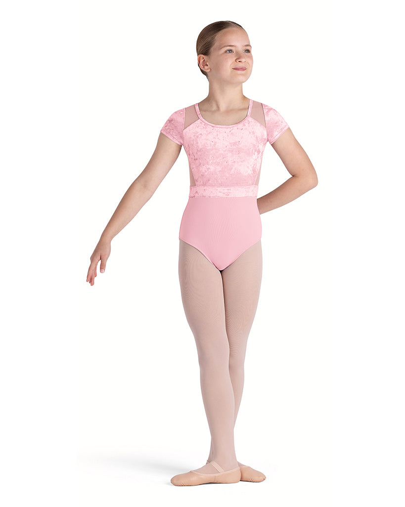 Bloch Amelia Scoop Neck Velvet Diamante Mesh Cross Back Cap Sleeve Leotard - CL5282 Girls