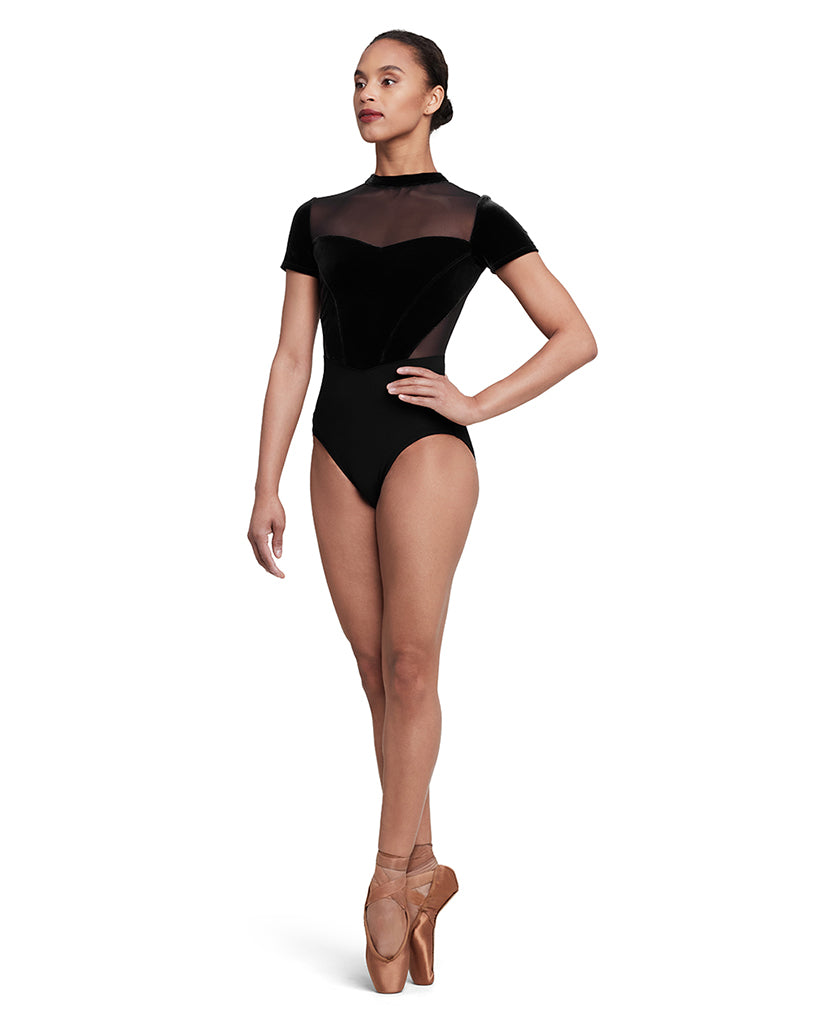 Bloch Gia Mock Neck Mesh Open Back Velvet Short Sleeve Leotard - L5272 Womens