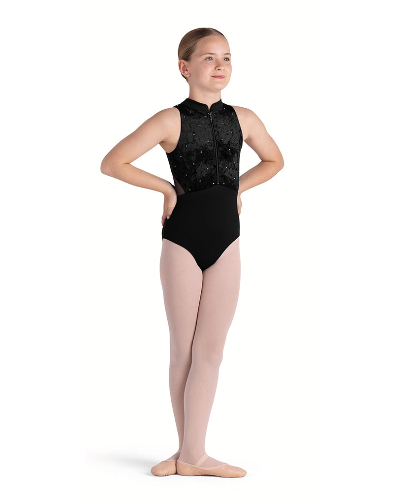 Bloch Tanya Zip Front Mock Neck Velvet Diamante Mesh Back Sleeveless Leotard - CL5655 Girls