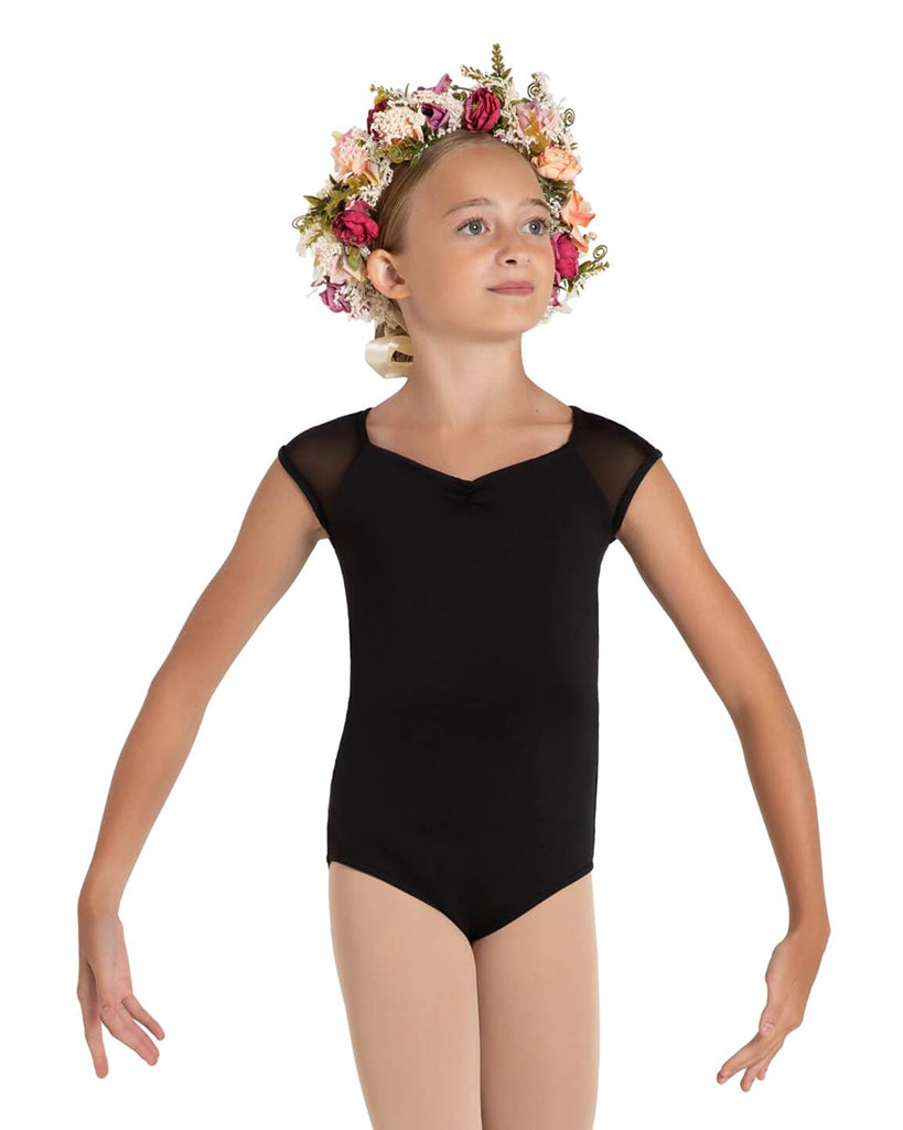 Capezio Daisy Pinch Front Ruched Mesh Open Back Cap Sleeve Leotard - 12089C Girls