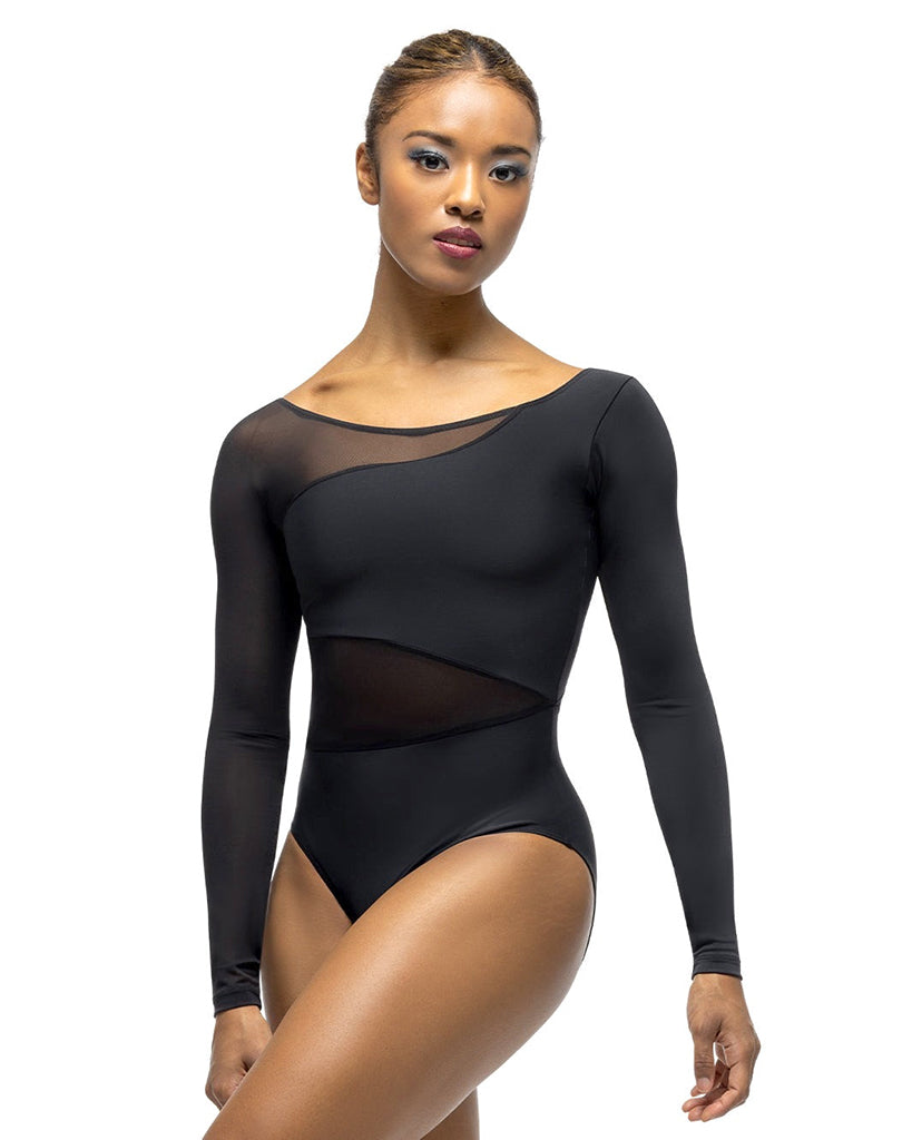 Elevé Dancewear Amelie Scoop Neck Mesh Cut Out Long Sleeve Leotard - Womens - Black