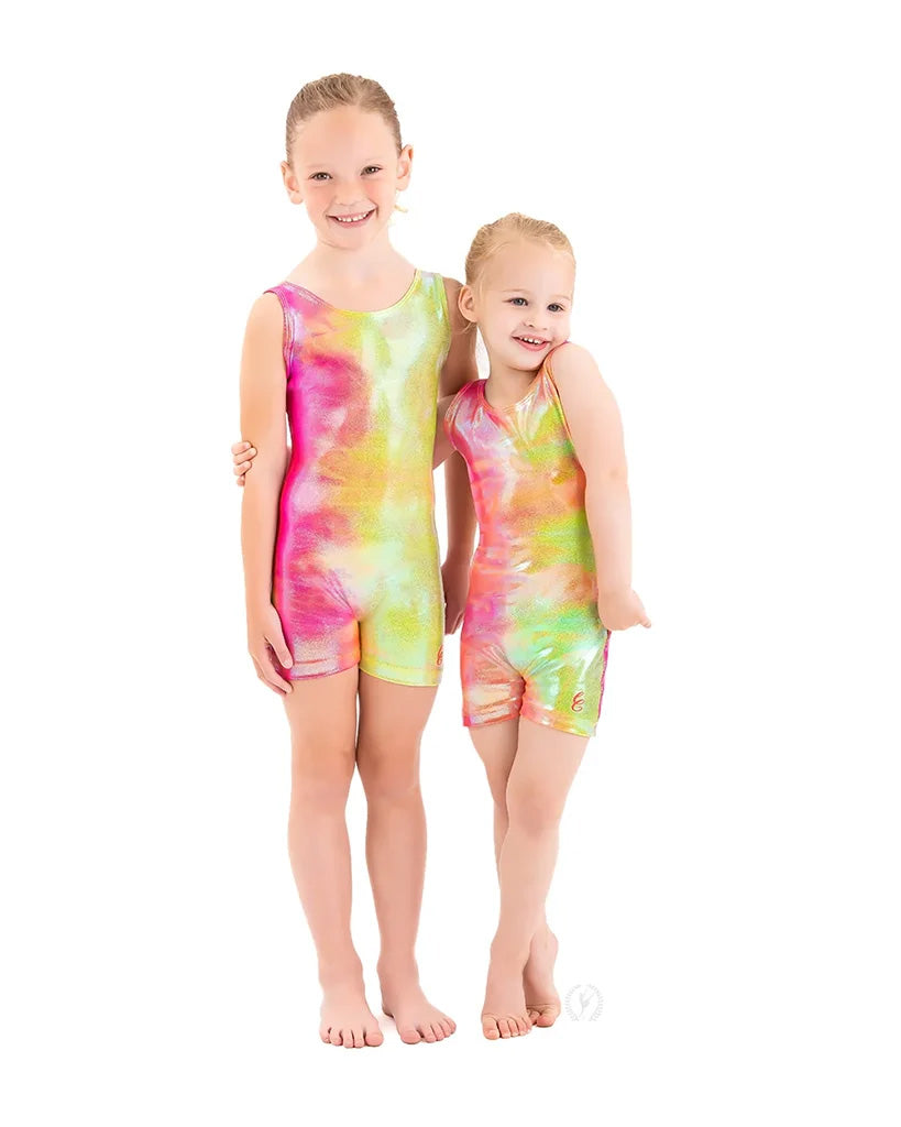 Eurotard Soft Metallic Gymnastic Tank Biketard - 97503 Girls - Citrus Iridescent Splash Print