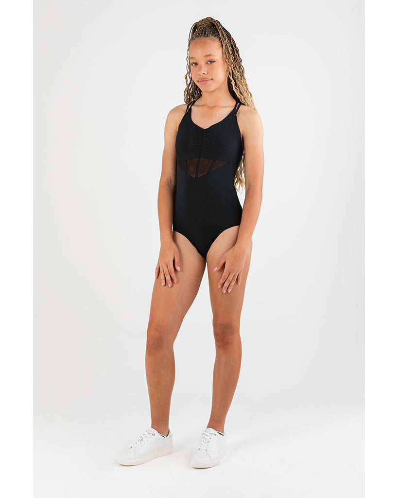 Every Turn It&#39;s Showtime Pinch Front Double Strap Leotard - Girls - Black