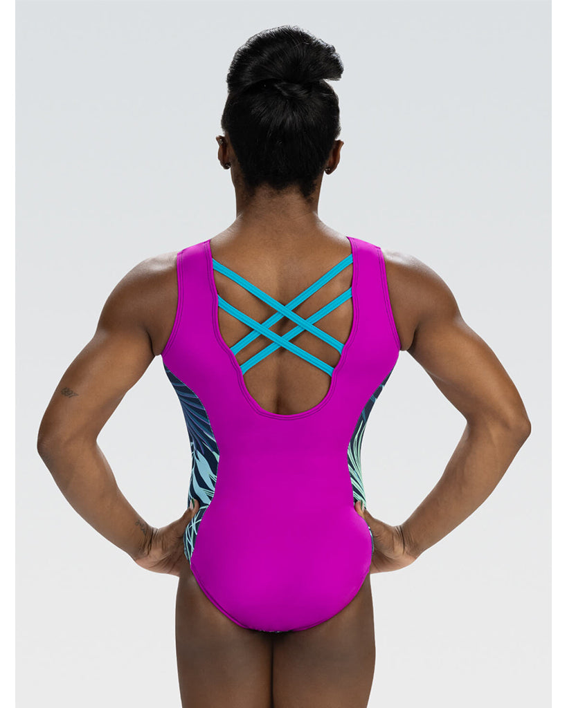 GK Elite Simone Biles Magenta Majesty Gymnastic Tank Leotard - E4953 Girls - Leafy Print