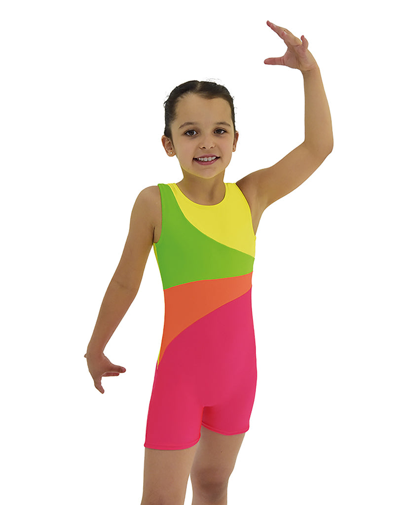 Mondor Abstract Print Gymnastic Biketard - 7811C - Gogi Neon Print Girls