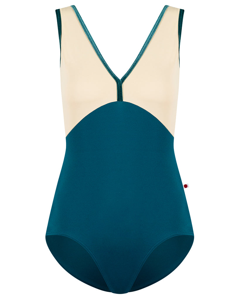 Yumiko Alicia with Velvet Trim Double V Front &amp; Back Tank Leotard - Womens - Zenith / Vanilla / Orbit