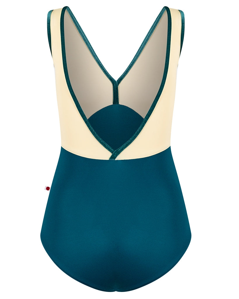 Yumiko Alicia with Velvet Trim Double V Front &amp; Back Tank Leotard - Womens - Zenith / Vanilla / Orbit