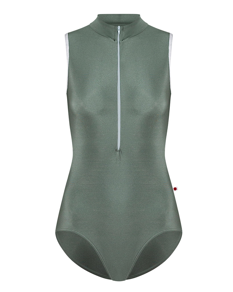 Yumiko Charlotte Mock Neck Front Zip Open Back Sleeveless Leotard - Womens - Sage / Silver