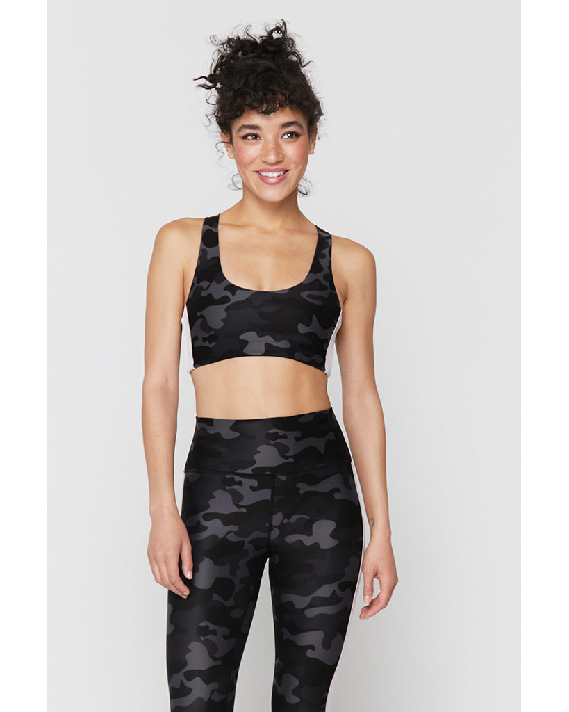 Spiritual Gangster Studio Sports Bra with Stripe - Womens - Black Camo Print - Activewear - Tops - Dancewear Centre Canada