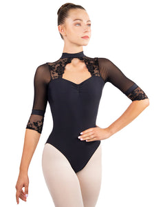 Danzea three-quarter sleeve lace flower mesh bodysuit ballet